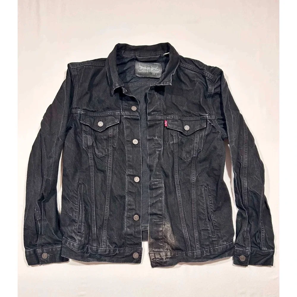 Levis Mens Trucker Jacket Black Denim Button Front Coat 72334-0016 Size L